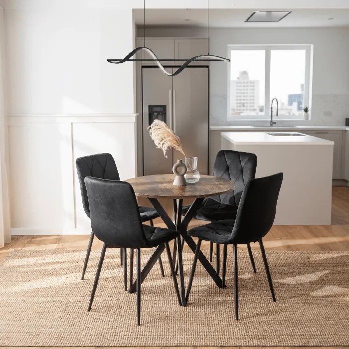 Zestaw Stół Okrągły LAUREN 90 cm Dąb Rustykalny/Czarny i 4 Krzesła ROBIN Czarne