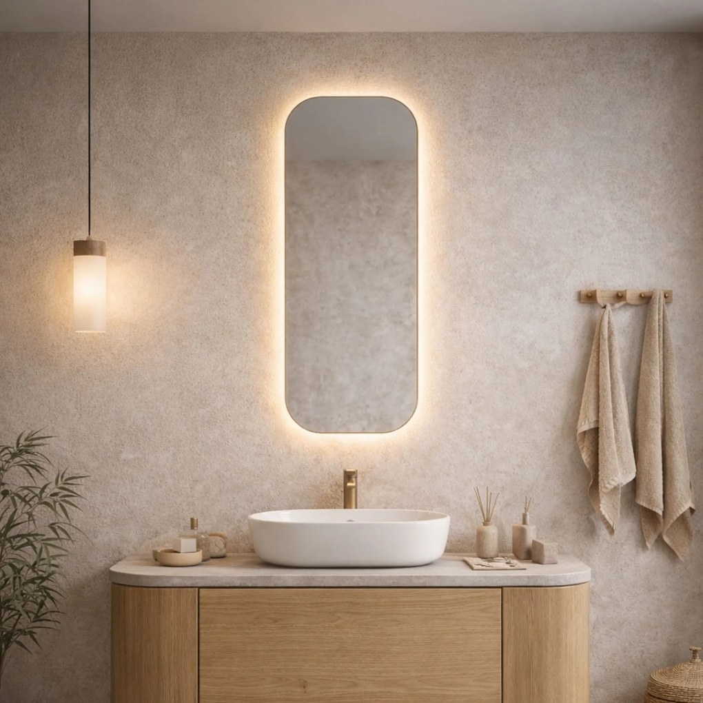 Lustro prostokątne bez ramy oszlifowane obracalne z podświetleniem ROUND Slim LED | Różne rozmiary | Różne kolory : Kolor tafli szkła - Brąz, Rozmiar - 35 x 150 cm