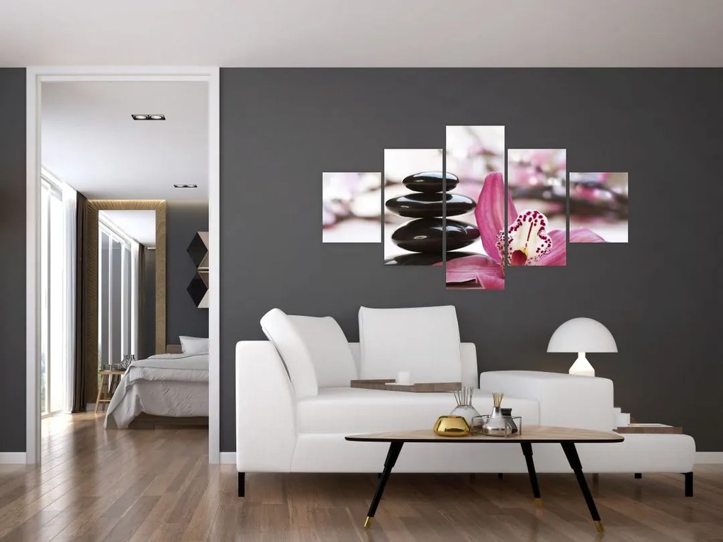 Obraz kamieni do masażu i storczyków (125x70 cm)