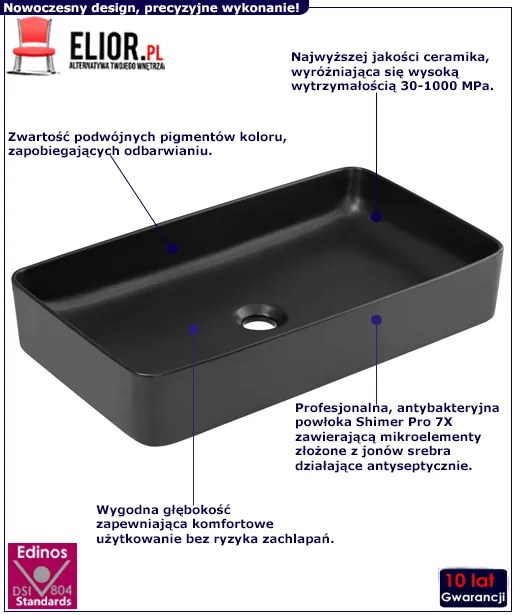 Czarna prostokątna ceramiczna umywalka nablatowa - Bono