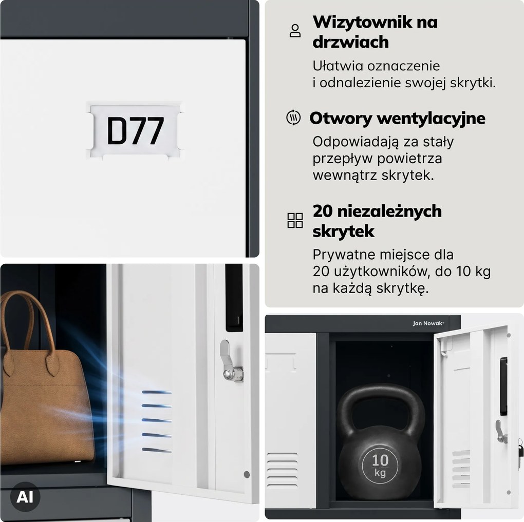 Szafa skrytkowa socjalna 20-skrytkowa na nóżkach antracytowo-biała, 1360x1720x450 mm: ROBERT