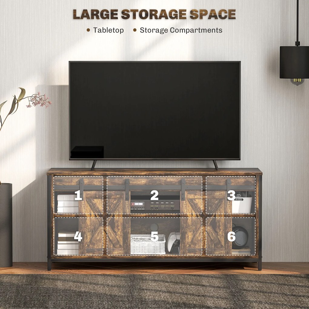 HOMCOM Niski stolik pod TV, design industrialny, na telewizory do 60'', 6 przegródek, 2 drzwi przesuwne, Brąz/Czarny