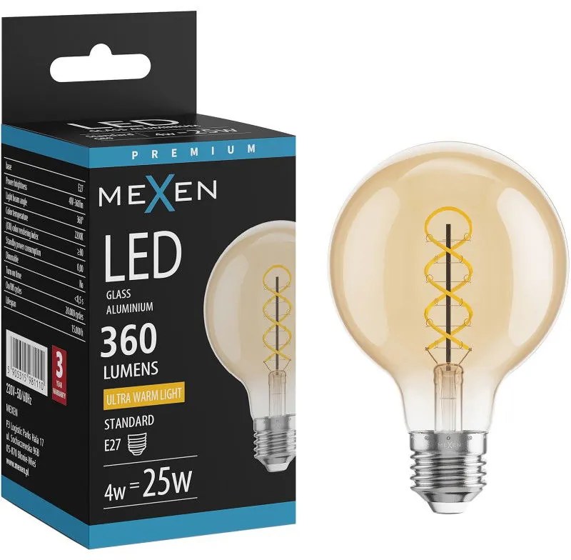 Mexen Vintis żarówka filament spirala LED E27, G80, 4W, Ciepła - 2200K, 360 lm, amber - L165-E27-0422-50