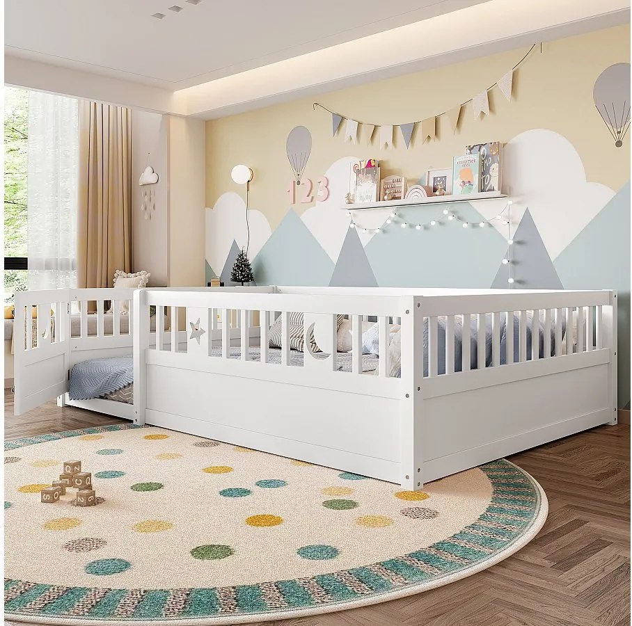 Stelaż łóżka dziecięcego - 140 x 190 cm - z barierkami i drzwiczkami - ze stelażem - drewno - kolor biały