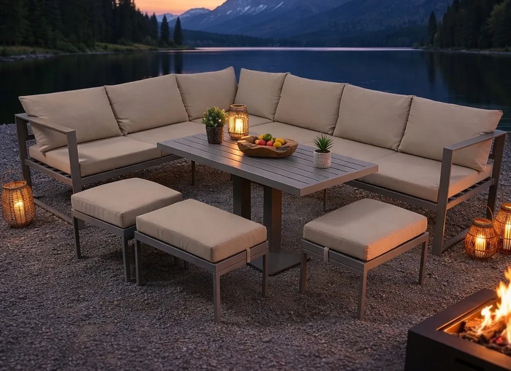 Narożnik ogrodowy Bellagio NM21-BR z pufami i stołem, szary, poduszki beżowe