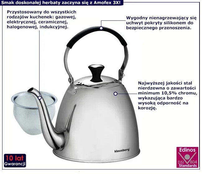 Srebrny czajnik z sitkiem do zaparzania herbaty 1,1L P0-Z16