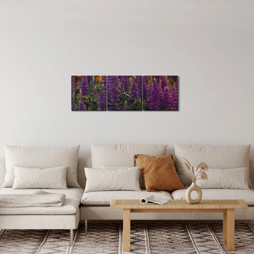 Obraz kwiatów łubinu (z zegarem) (90x30 cm)