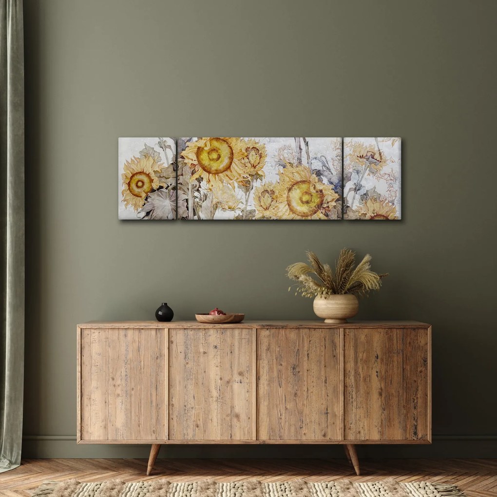 Obraz - Słoneczniki na ścianie (170x50 cm)