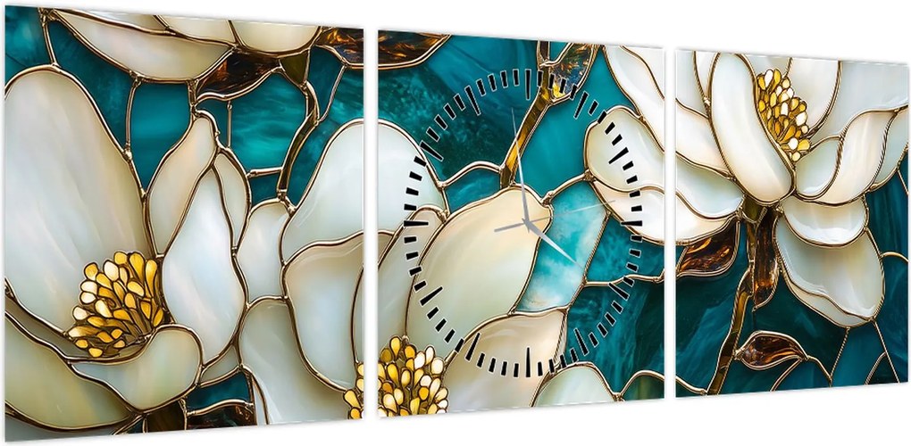 Obraz - Witraż z magnolią (z zegarem) (90x30 cm)