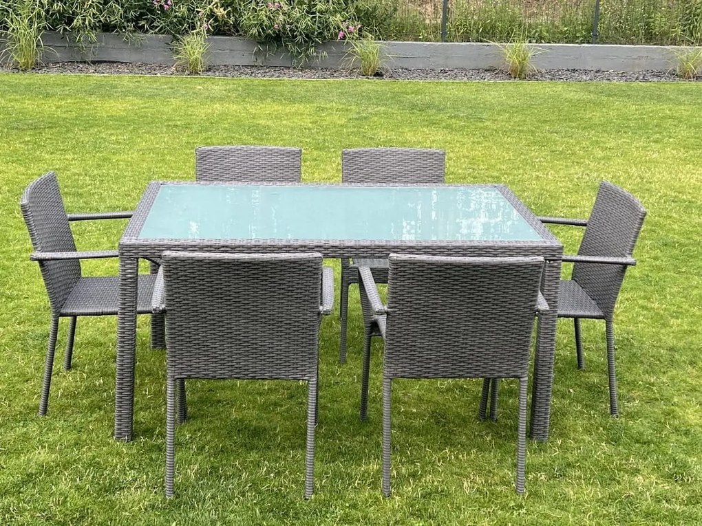 Komplet mebli obiadowych technorattan (stół 150x90cm + 6 krzeseł) AVVICENTE szary