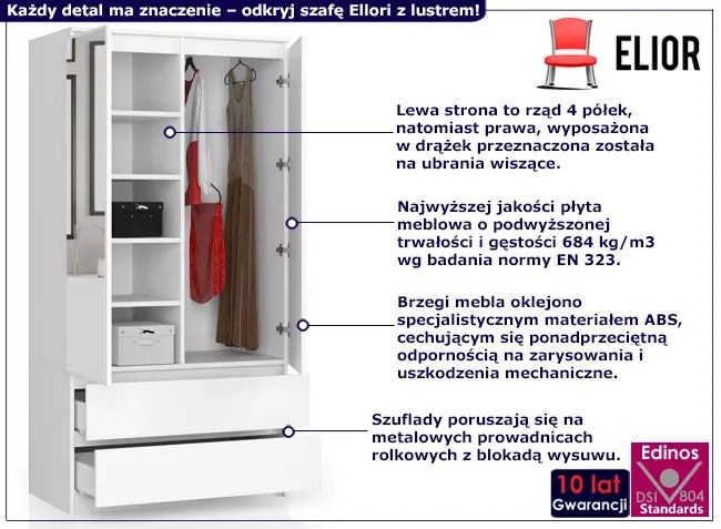 Biała dwudrzwiowa szafa z lustrem - Ellori