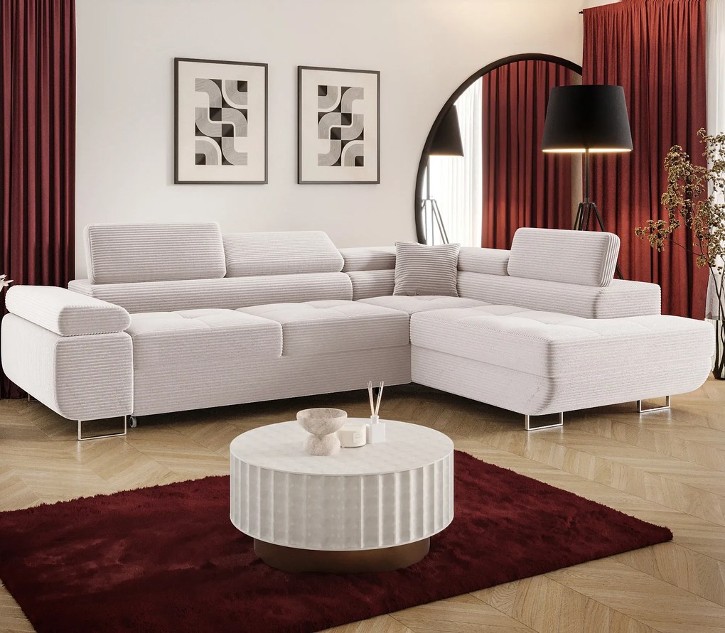 Kremowy sztruksowy narożnik rozkładany M4-L50