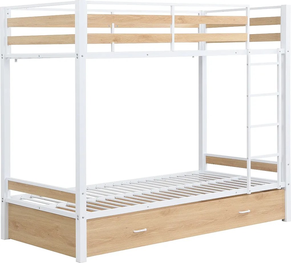 Łóżko piętrowe 2 x 90 x 190 cm - 1 szuflada - Metal i MDF - Kolor: Naturalny i biały - CASIDIA