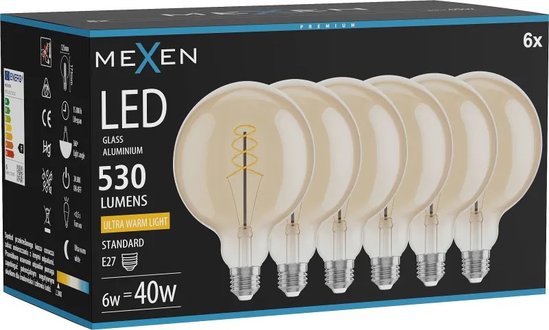 Mexen Vintis 6x żarówka filament spirala LED E27, G125, 6W, Ciepła - 2200K, 530 lm, amber - L168-E27-0622-50x06