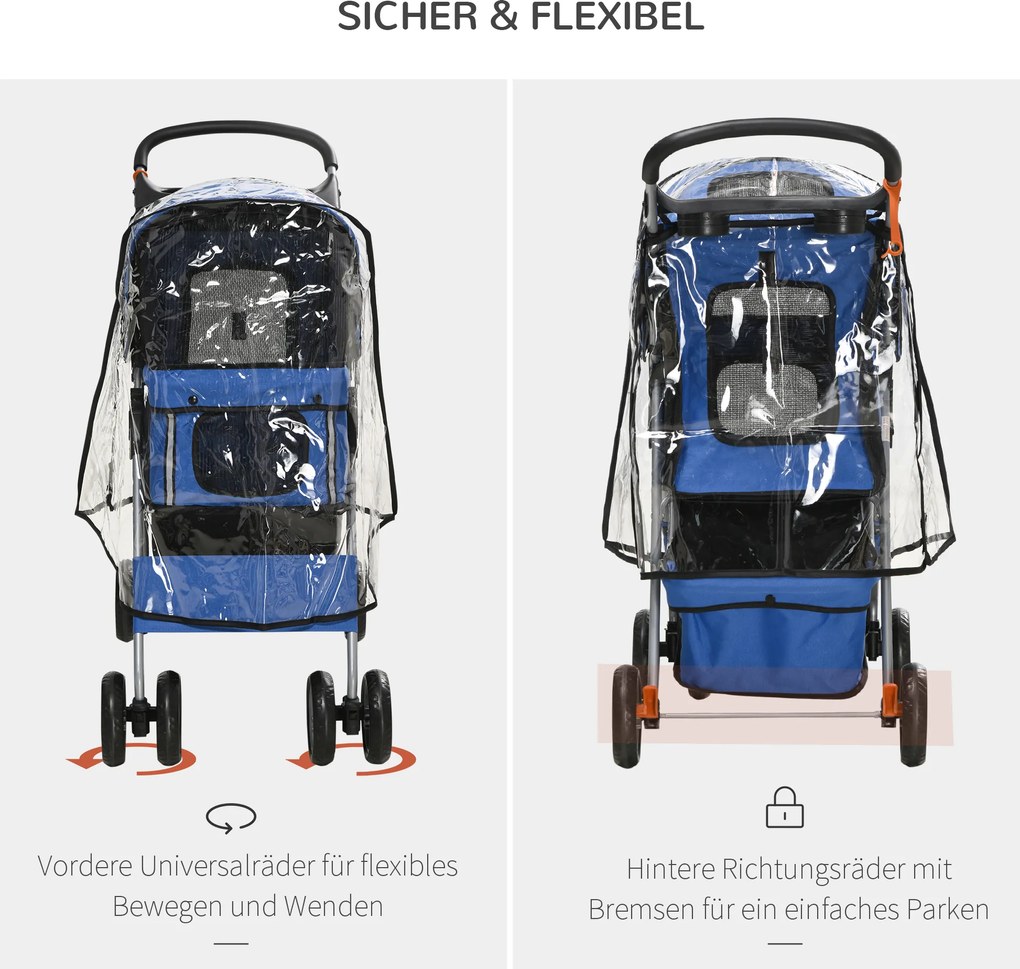 Outsunny Wózek dla Psa Składany z Osłoną Przeciwdeszczową Niebieski | Aosom PL