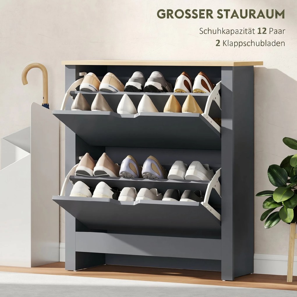HOMCOM Szafka na buty z 2 klapowymi przegrodami, regulowana przegroda na 8-12 par butów, 72 x 26 x 80 cm, Ciemnoszary | Aosom PL
