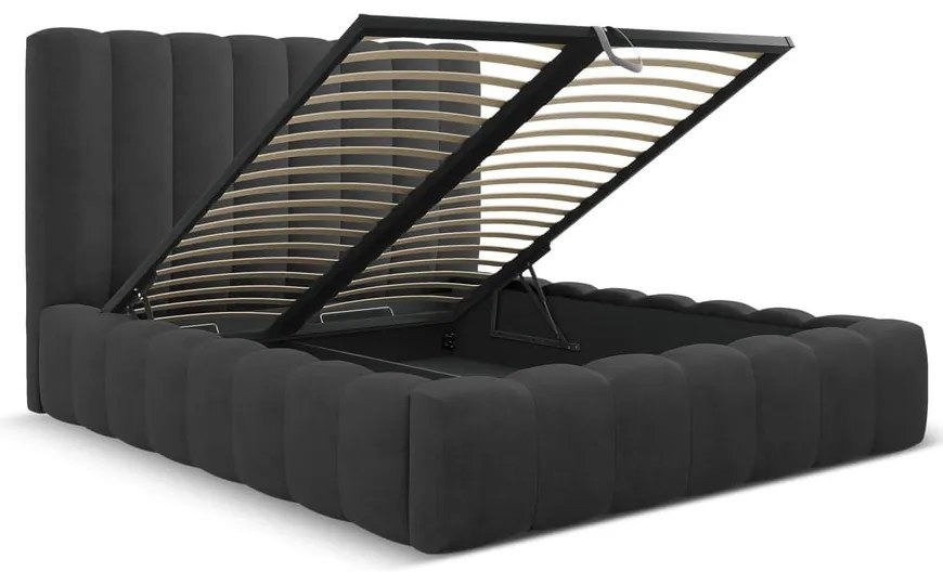 Antracytowe tapicerowane łóżko dwuosobowe ze schowkiem i stelażem 200x200 cm Kelp – Micadoni Home