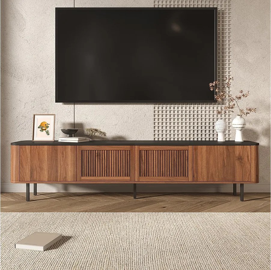 Nowoczesna szafka RTV - 190 x 35 x 45 cm - z 4 drzwiami - Unikalny design - MDF + płyta wiórowa - brązowa