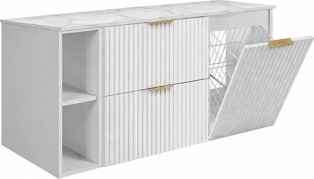 Zestaw szafek łazienkowych z koszem na pranie, Biały / Blat Marmur Bianco / Uchwyty Złote, 120 x 57 x 46 cm