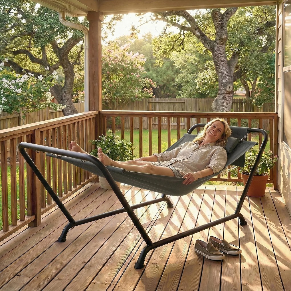 Outsunny Hamak z Ramą 237 x 90 cm Hamak ze Stelażem z Boczną Kieszenią i Poduszką, Metalowa Rama do 150 kg | Aosom PL