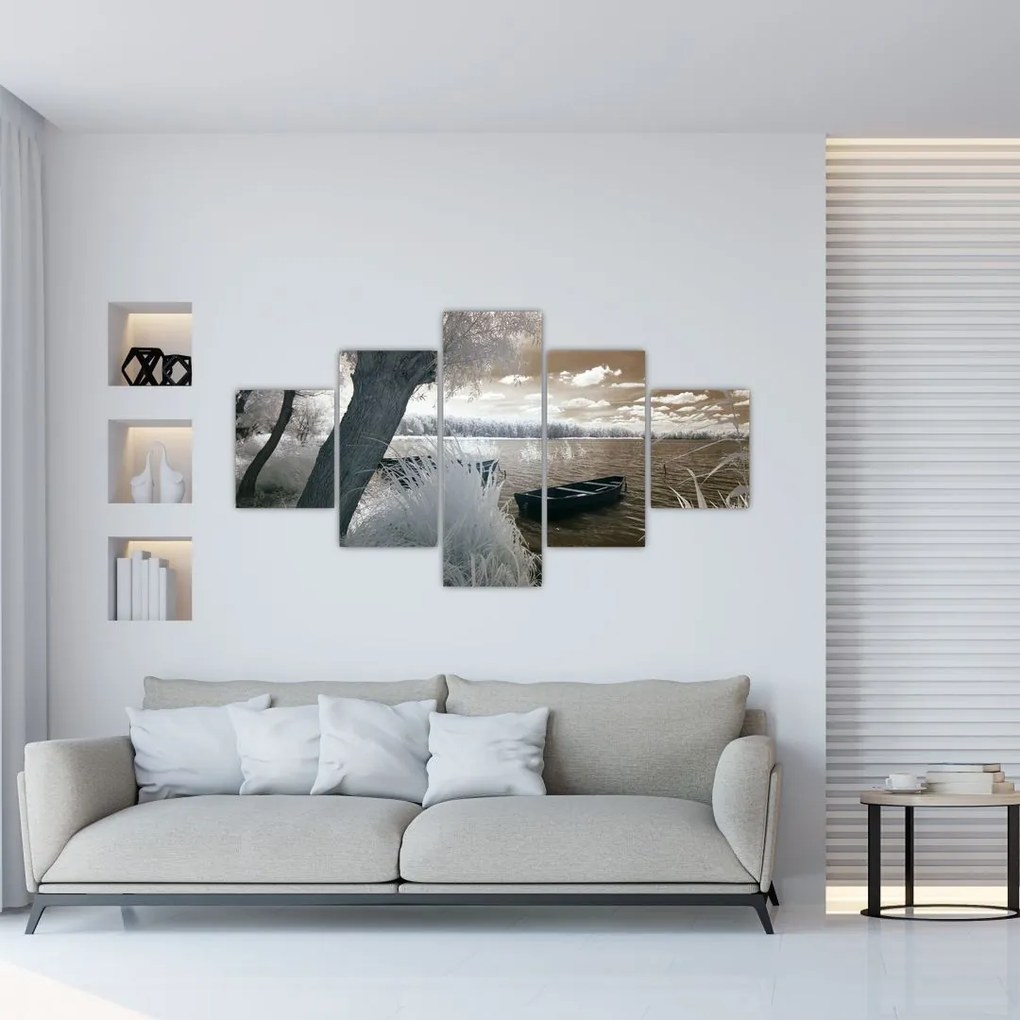 Obraz łodzi na jeziorze (125x70 cm)