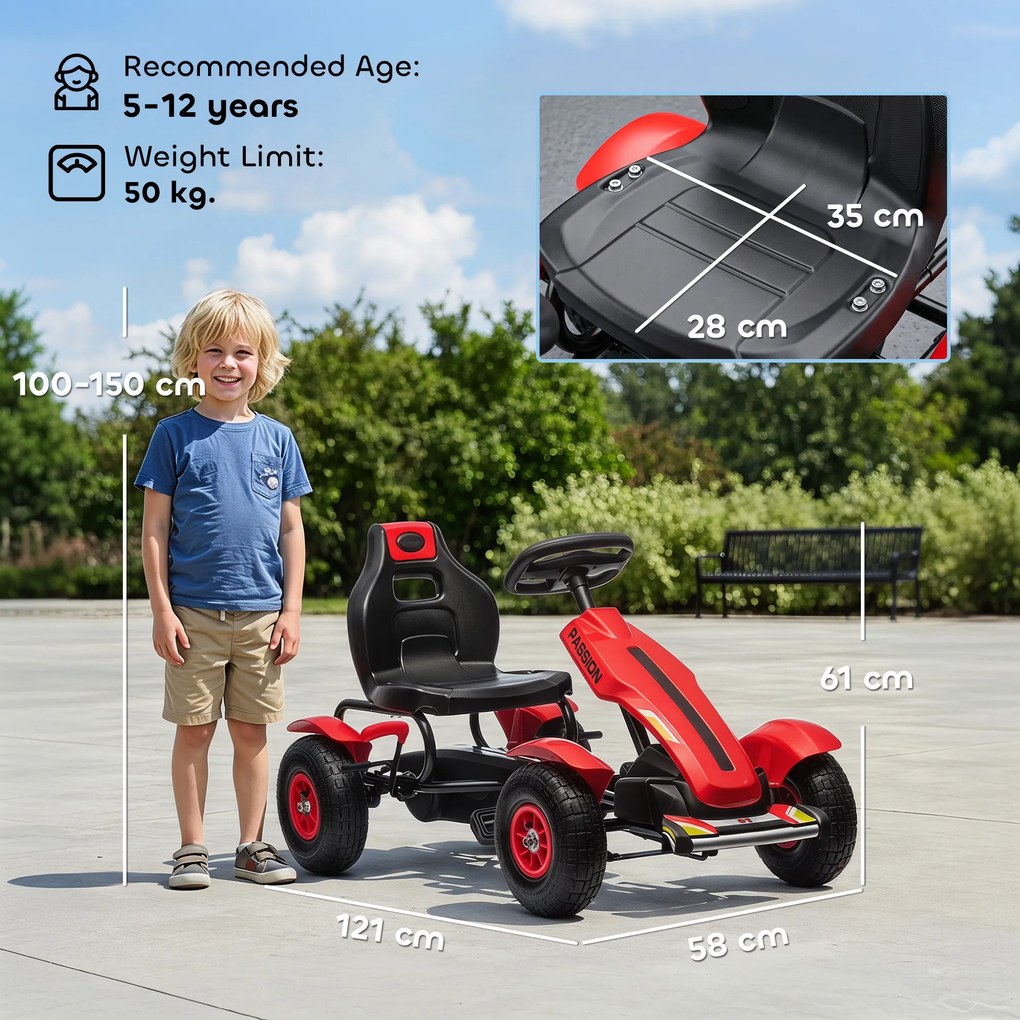 HOMCOM Gokart na pedały z hamulcem ręcznym, regulowanym siedzeniem, przód-tył, do 50 kg dla dzieci 5-12 lat Czerwony | Aosom PL