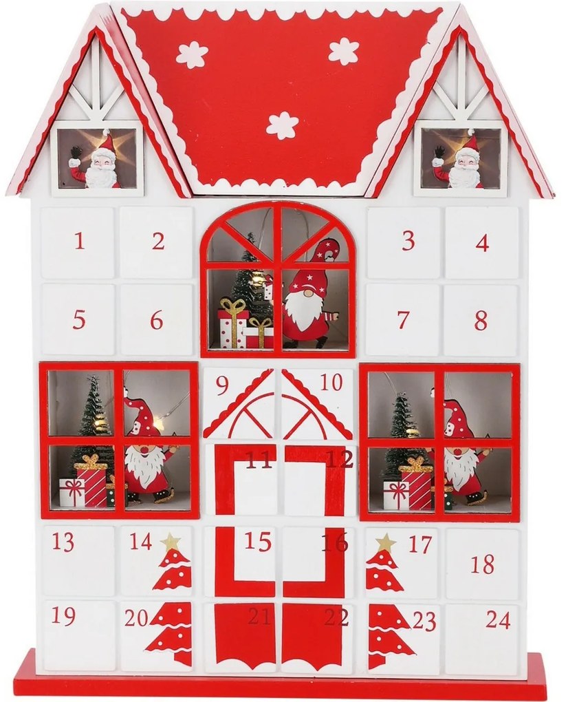 Kalendarz adwentowy ze światełkami LED Santa´s house czerwony, 29 x 7 x 37 cm