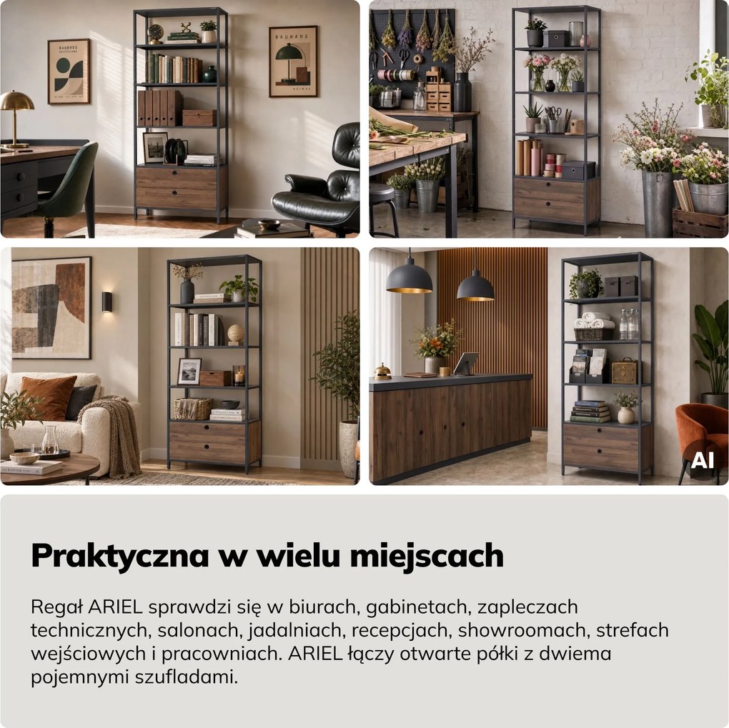 Regał z szufladami do biura, na segregatory i dokumenty, otwarte półki, metalowy, antracytowy/orzech, 800x2200x400 mm: ARIEL Eco Design