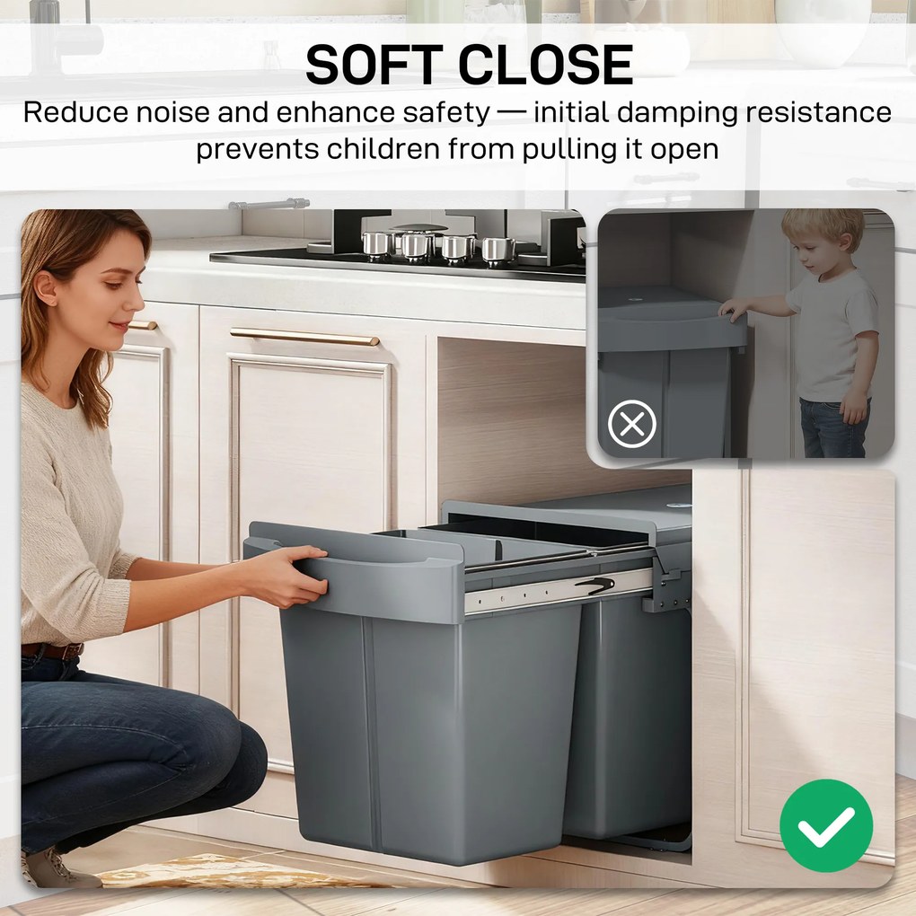 HOMCOM Wysuwany kosz na śmieci, 2 x 20 L, wyjmowane pojemniki, tworzywo sztuczne, metal, szary