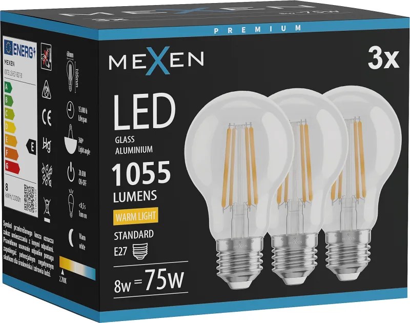 Mexen Vintis 3x żarówka filament LED E27, A60, 8W, Ciepła - 2700K, 1055 lm, clear - L150-E27-0827-00x03