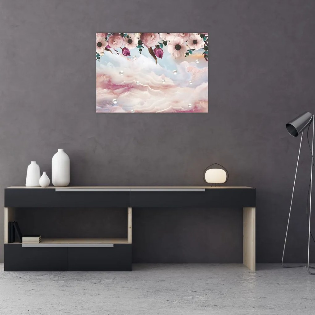 Obraz różowych kwiatów z różowym marmurem (70x50 cm)