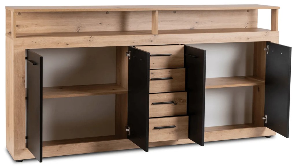 Komoda Czterodrzwiowa z Szufladami BLAGO 190 cm Dąb Artisan/Czarny Nowoczesna Loft