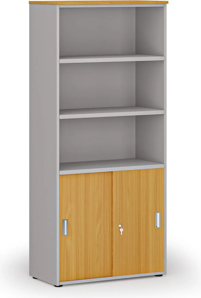 Szafa biurowa kombinowana PRIMO GRAY, drzwi przesuwne na 2 poziomach, 800 x 420 x 1781 mm, szary/buk