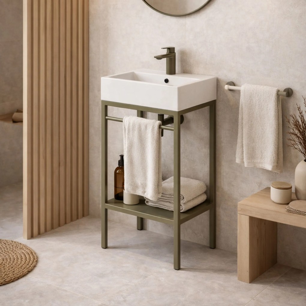 Zestaw umywalka z konglomeratu NAVI 60 x 45 cm + stojąca konsola NAVI Step | Różne kolory | Różne rozmiary : Kolor - Oliwkowy, Otwór na baterię - Dwa otwory, Rozmiar - 100 x 45 cm