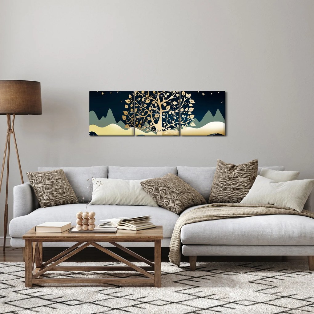 Obraz złotego drzewa (z zegarem) (90x30 cm)