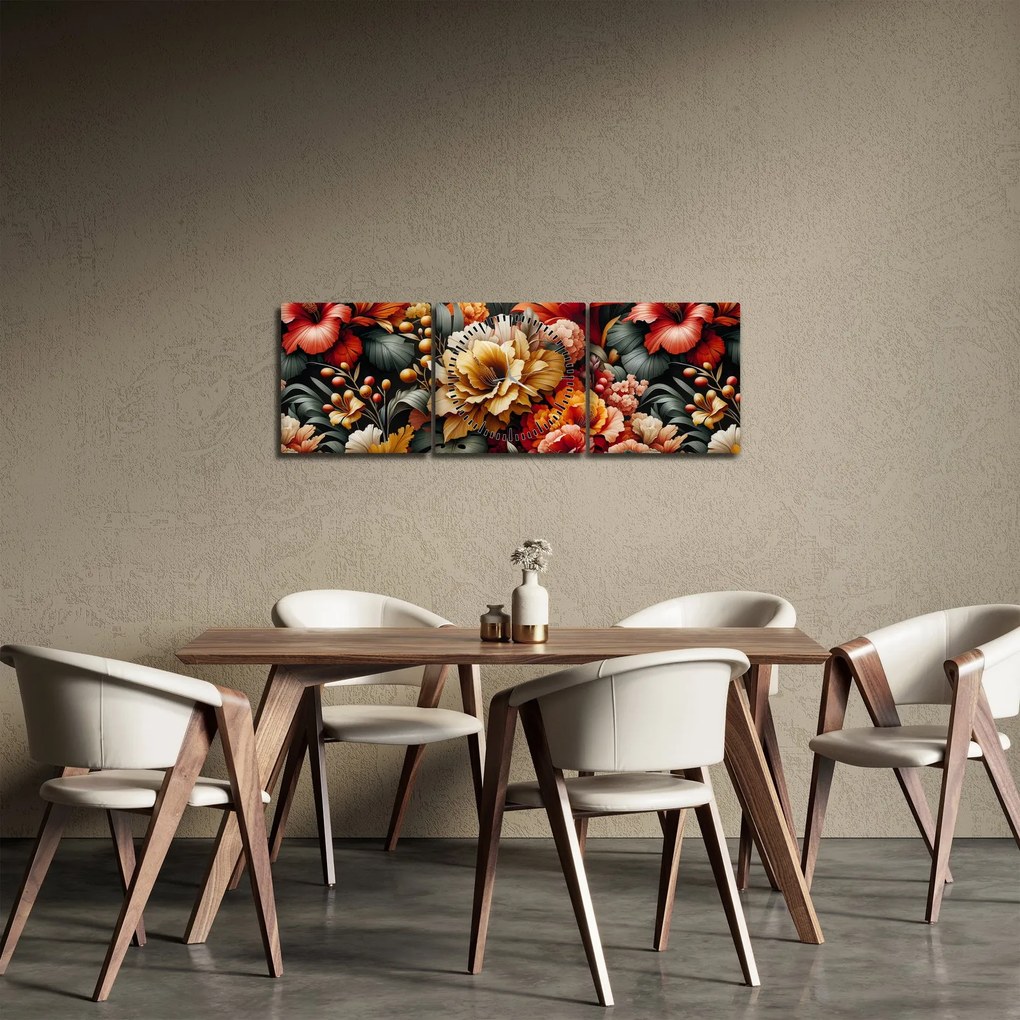 Obraz - Pomarańczowo-czerwone kwiaty (z zegarem) (90x30 cm)