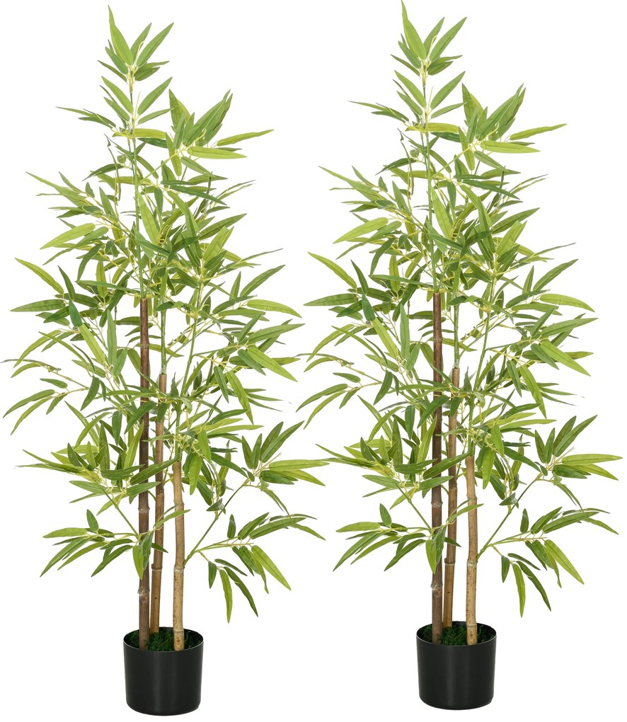 HOMCOM Sztuczne Drzewko Bambusowe 2er-Set, 3 Pnie, Niewymagające Pielęgnacji, 120 cm, Doniczka z Cementu, Zielony