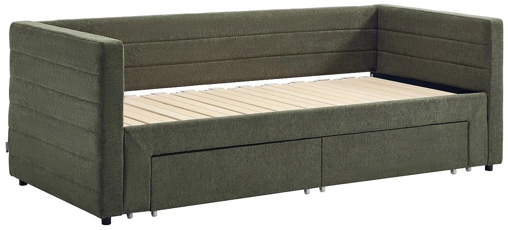 Łóżko rozkładane 2 x 80 x 200 cm - Z listwowym stelażem i szufladami - Teksturowana tkanina - Zielony - CAMITY