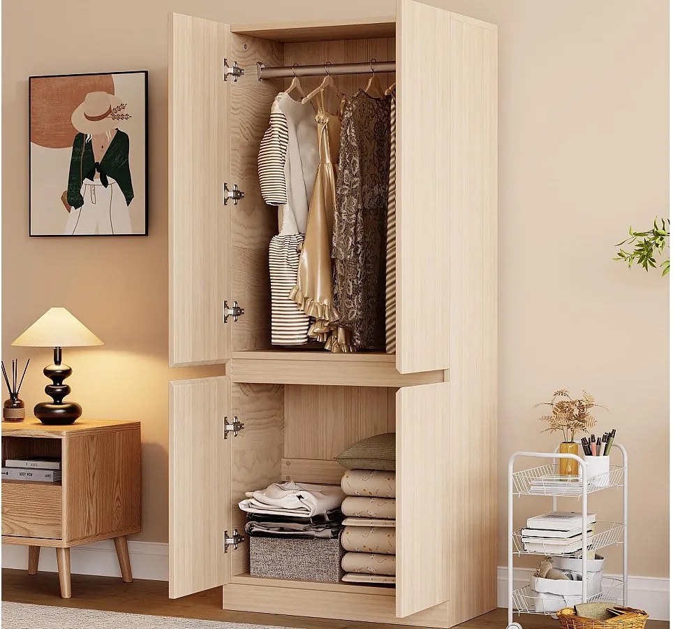 Szafa ubraniowa 70x40x170 cm - 4 drzwi - z wieszakiem na ubrania - Naturalny