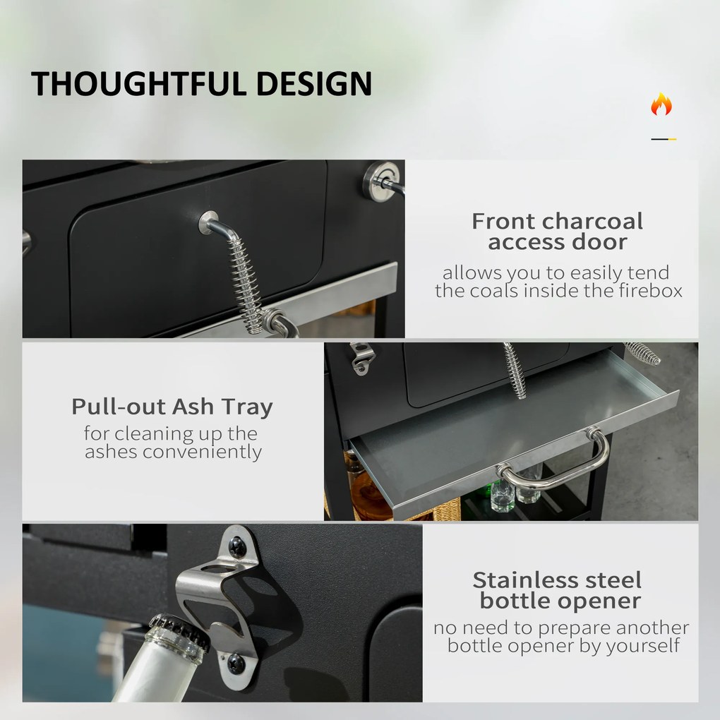 Outsunny Grill węglowy Grill BBQ-Grill, włącznie z termometrem, otwieraczem do butelek, 120 x 64 x 114 cm, czarny
