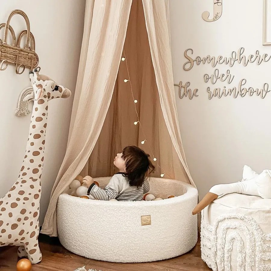 Okrągły suchy basen z piłeczkami 7cm dla dziecka, 90x30cm/200 piłek, boucle, biały, piłki: białe - meowbaby®