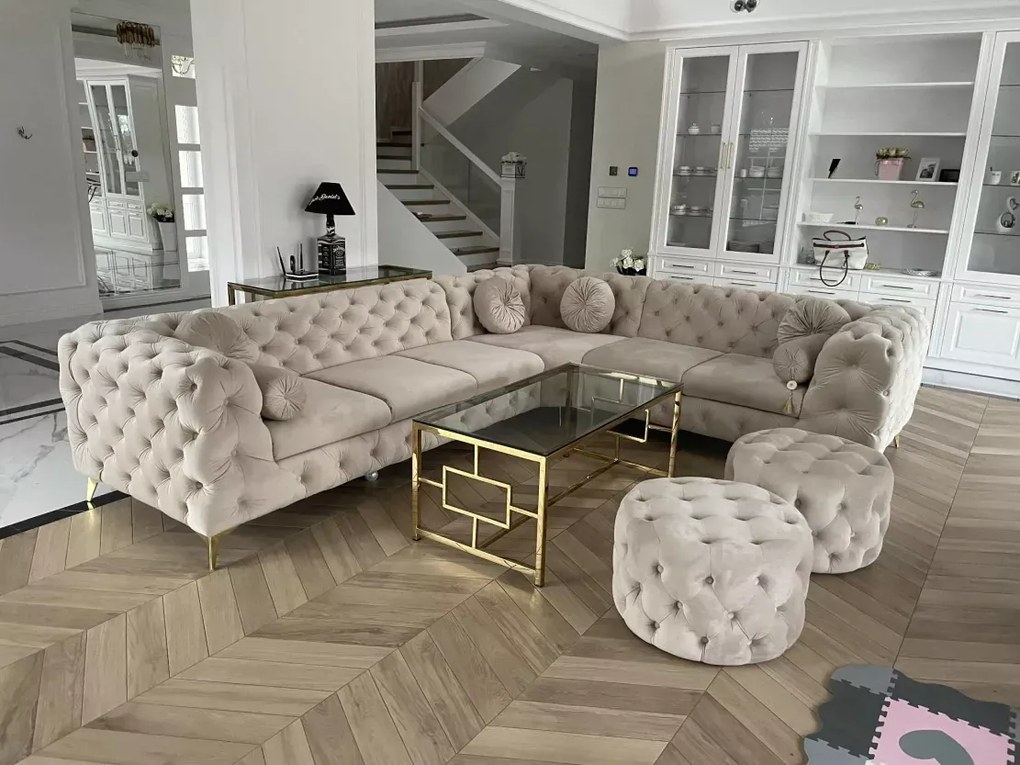 Nowoczesny tapicerowany narożnik Chesterfield Moet w stylu glamour z funkcją spania i pojemnikiem