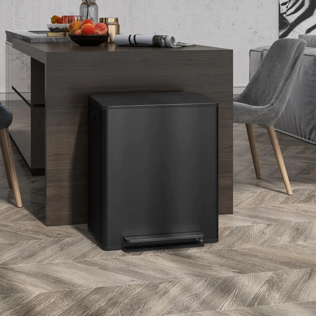HOMCOM Kosz na śmieci z 2 komorami 25L, Pokrywa Soft-Close, Odporny na Odciski, Stal Nierdzewna, Czarny