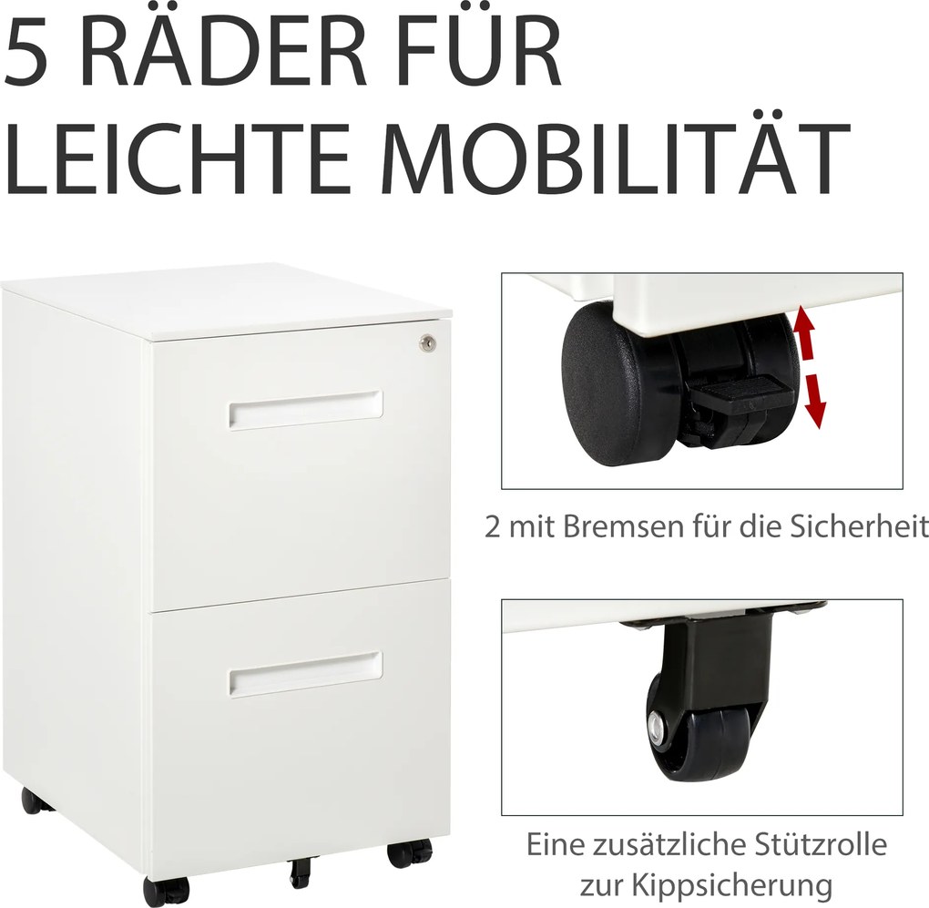 Vinsetto Rollcontainer Biurowy z Uniwersalnymi Kółkami Biały 39x48x67cm Przechowywanie Dokumentów | Aosom PL