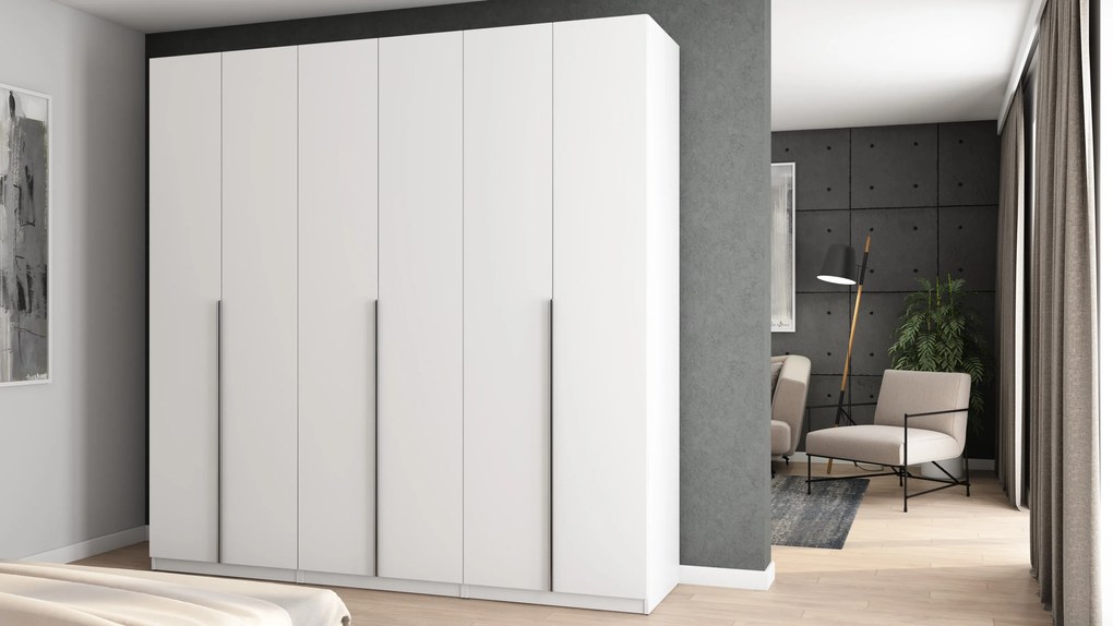 Szafa 6 drzwiowa otwierana 240 x 240 cm – biała ze srebrnymi uchwytami