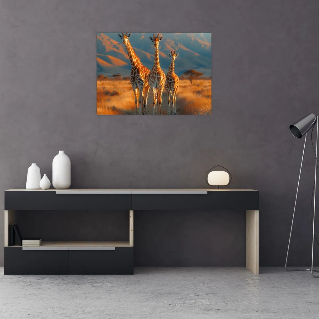 Obraz na szkle - Żyrafy na pastwisku (70x50 cm)