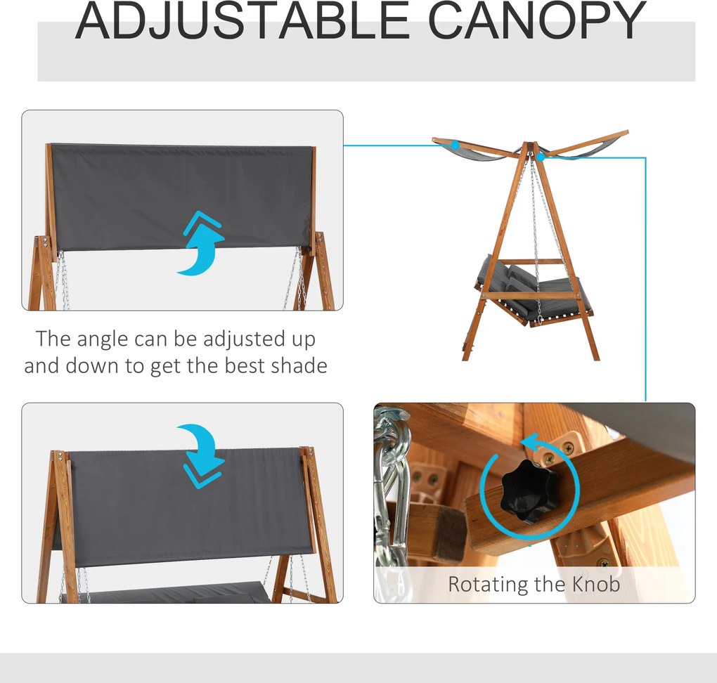 Outsunny Huśtawka Ogrodowa z Funkcją Łóżka 3-osobowa, Huśtawka z Drewna Modrzewiowego z Regulowanym Dachem Przeciwsłonecznym, Ławka Huśtawka Obciążenie 250kg, 225,5 x 113 x 180 cm Szary+Teak | Aosom PL