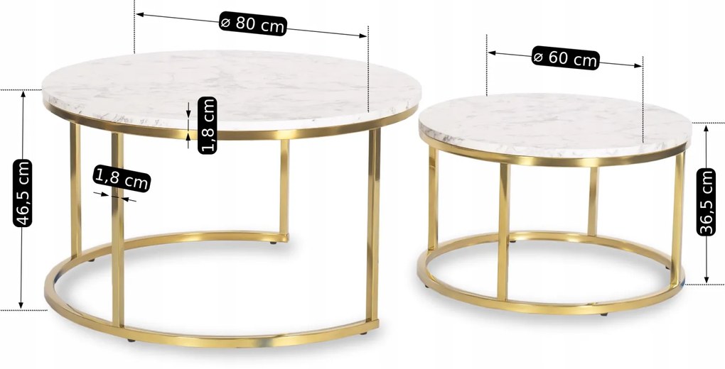 Zestaw Stolików Kawowych OLIS MAX 60 cm/80 cm Marmur Złoty Glamour