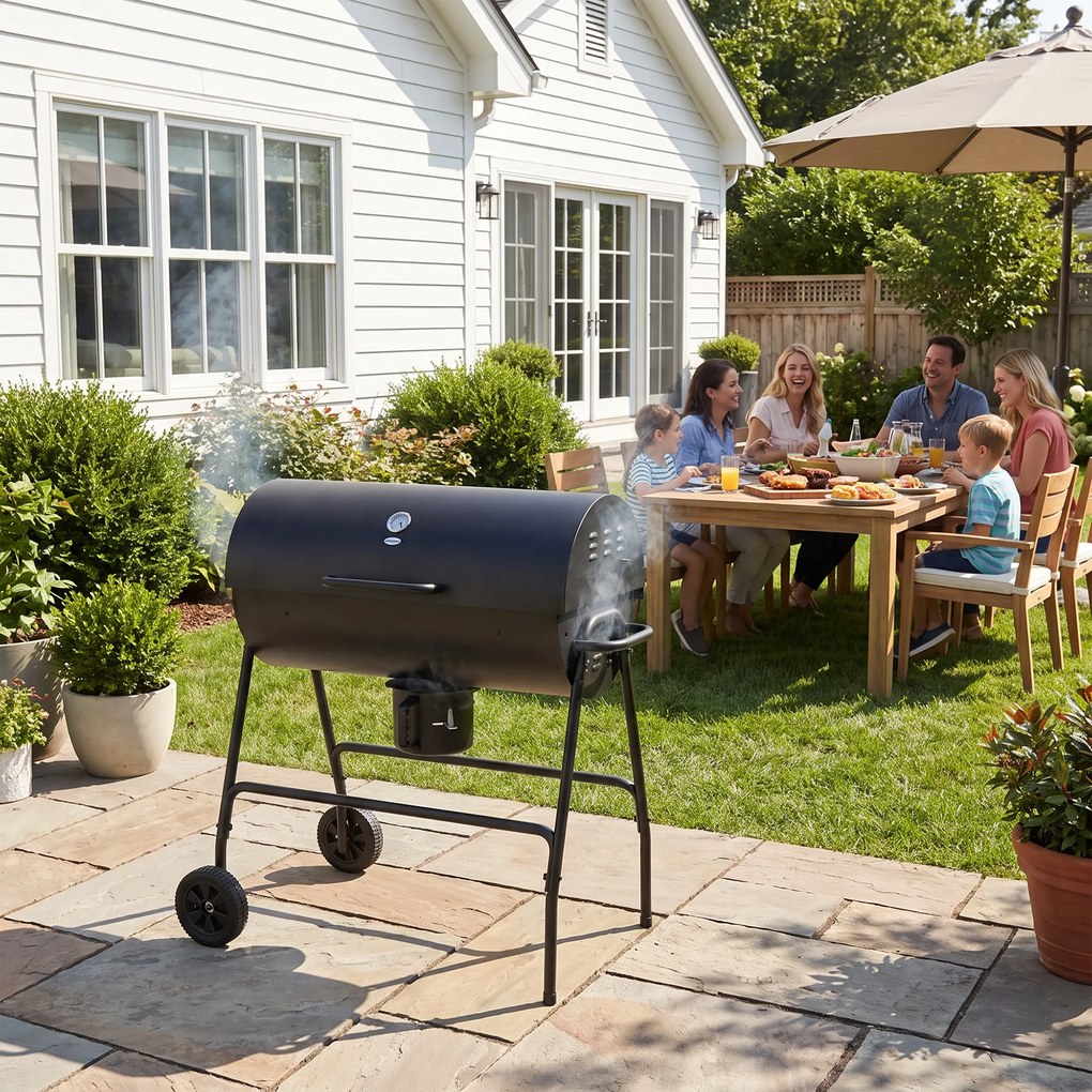 Outsunny Grill węglowy Metal BBQ z pokrywą Termometr Koła Wózek grillowy 95x71,5x102 cm Czarny