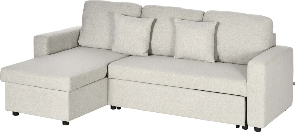 HOMCOM Narożnik z funkcją spania, Zestaw narożny z sofą 2-osobową, Łóżkiem, Narożnikiem L z miejscem do przechowywania, 2 Poduszki Kremowy